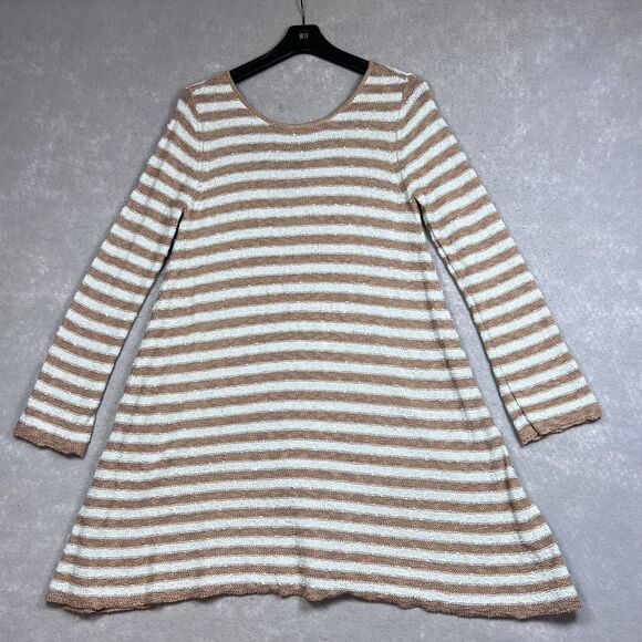 FREE PEOPLE Sweater Dress Women’s Sm Counting Stripe Swing Tunic Camel Boho - Picture 1 of 12